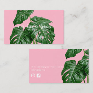 Tarjeta De Visita Monstera verde moderno minimalista sobre rosa