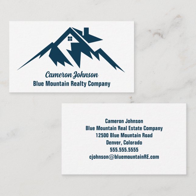 Tarjeta De Visita Montaña Real Estate Company Personalizado Blue Whi (Anverso / Reverso)