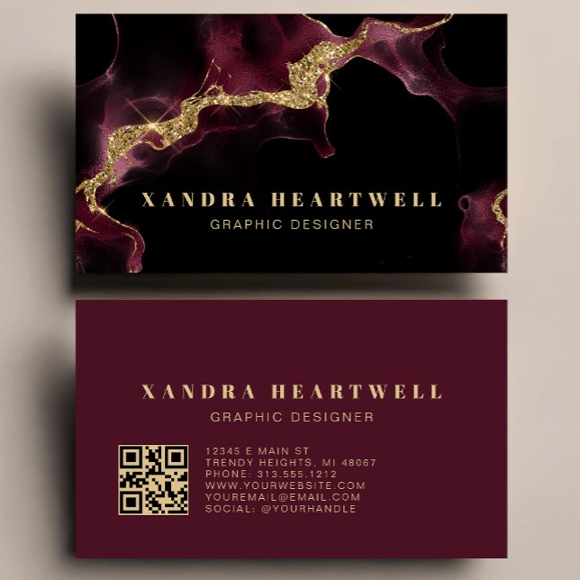 Tarjeta De Visita Moody Burgundy Gold Glitter Ink Abstract QR Code (Subido por el creador)
