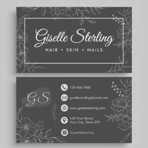 Tarjeta De Visita Moody Charcoal Gray Floral Line Art Script Moderno