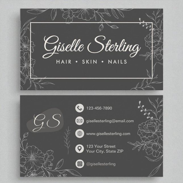 Tarjeta De Visita Moody Charcoal Gray Floral Line Art Script Moderno (Subido por el creador)