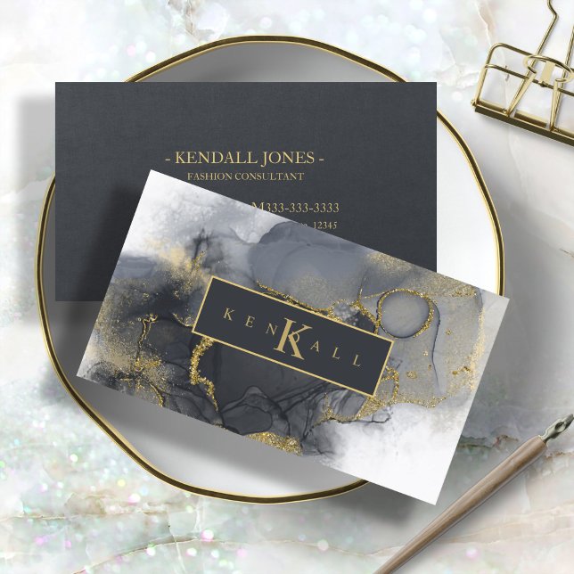 Tarjeta De Visita Moody Ink Charcoal Gold Abstract ID988 (Subido por el creador)