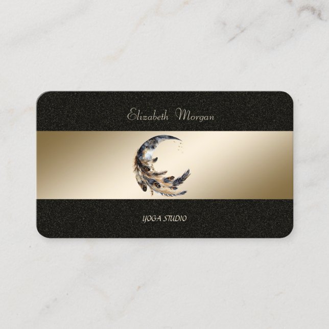 Tarjeta De Visita Moon Feather Gold Black Yoga Studio (Anverso)