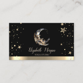 Tarjeta De Visita Moon Feather Gold Stars Black Yoga Studio