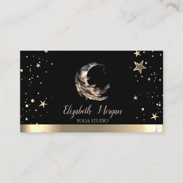 Tarjeta De Visita Moon Feather Gold Stars Black Yoga Studio (Anverso)