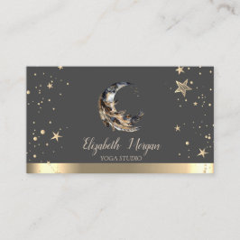Tarjeta De Visita Moon Feather Gold Stars Yoga Studio