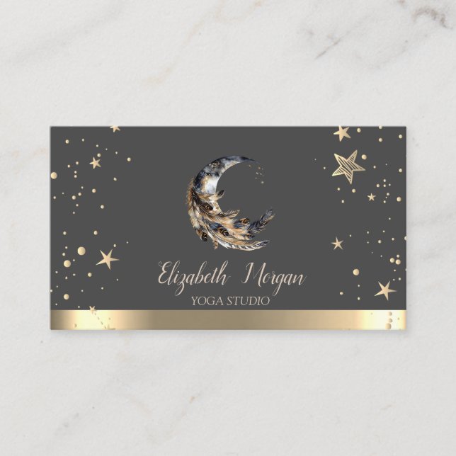 Tarjeta De Visita Moon Feather Gold Stars Yoga Studio (Anverso)
