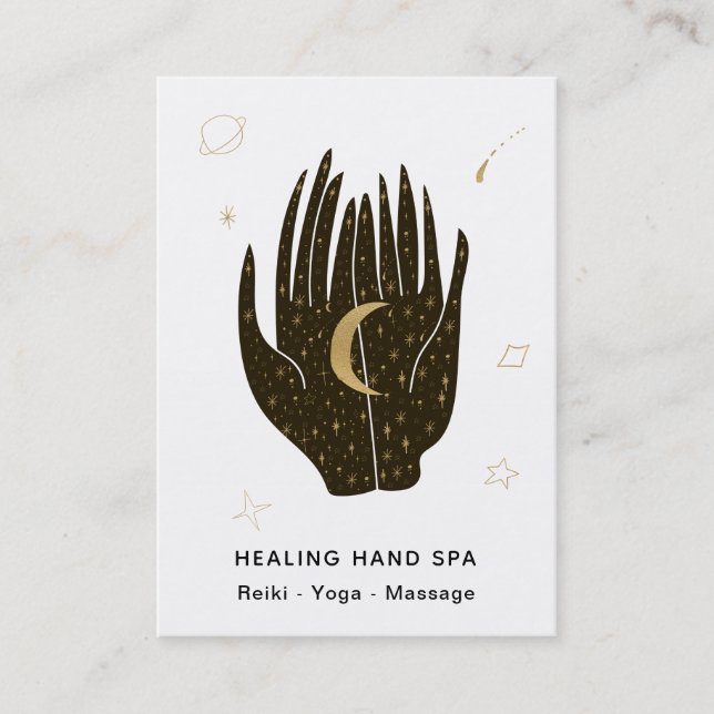 Tarjeta De Visita *~* Moon Space Stars Celestial Gold Healing Hands (Anverso)