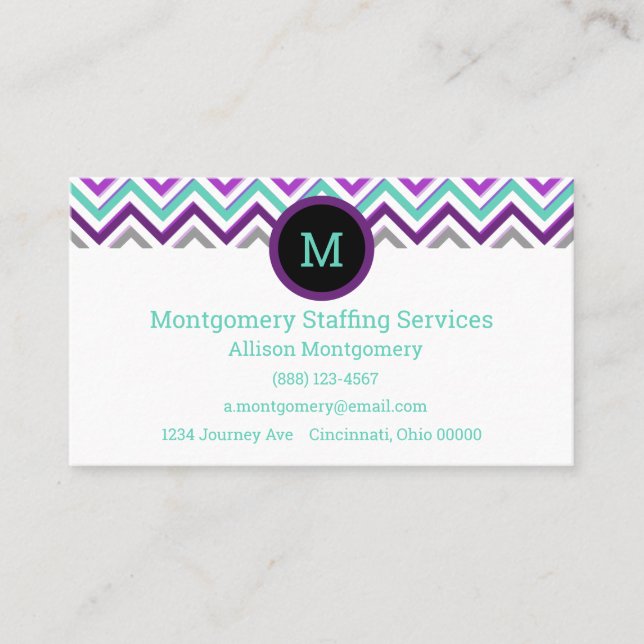 Tarjeta De Visita Morado, rosa, gris y Verde azulado moderno. Chevro (Anverso)