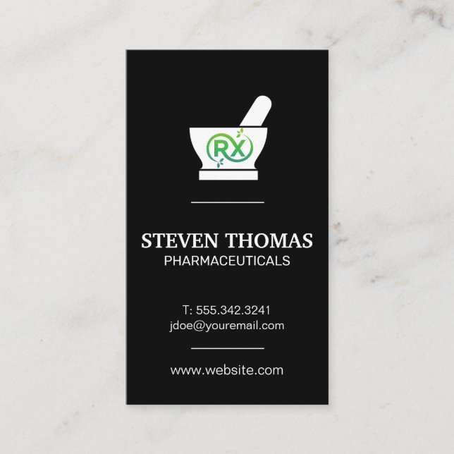 Tarjeta De Visita Mortero y Pestle | Símbolo verde Rx (Anverso)