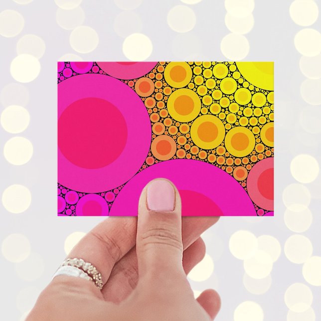 Tarjeta De Visita Mosaico de Círculos de Rosa a Amarillo (Unique Black Hot Pink Gold and Yellow Mosaic Art Business Cards)