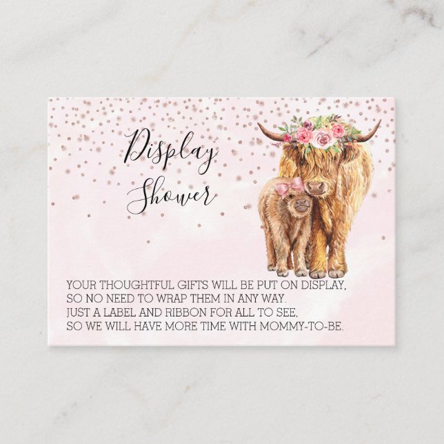 Tarjeta De Visita Mostrar ducha Baby Shower Highland Cow Calf rosa (Anverso)