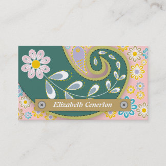 Tarjeta De Visita Motivo verde azulado retro, paisley rosa