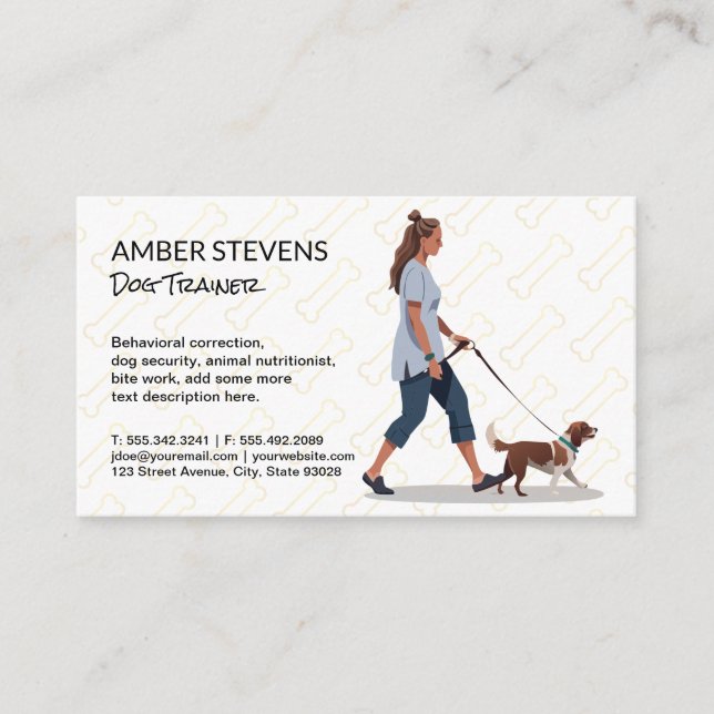 Tarjeta De Visita Mujer caminando perro | Depósito de cuidado animal (Anverso)