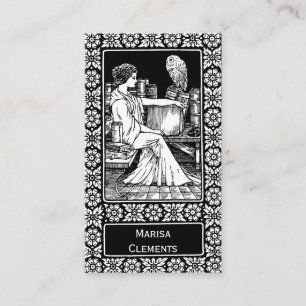 Tarjeta De Visita Mujer con búho, libros y biblioteca clásica