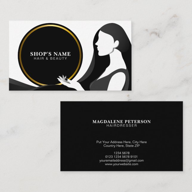 Tarjeta De Visita Mujer con Cabello Largo | Marco de Círculo de Oro  (Anverso / Reverso)