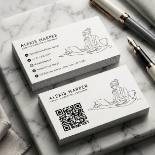 Tarjeta De Visita Mujer de Arte de Línea Moderna Minimalista Negra C