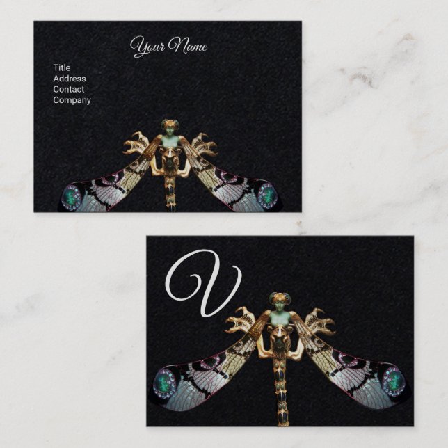 Tarjeta De Visita MUJER DE DRAGONFLY FANTASY JEWEL Black Paper Monog (Anverso / Reverso)