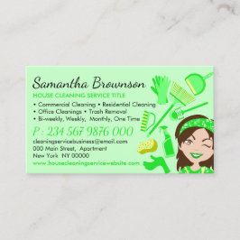 Tarjeta De Visita Mujer de la paleta verde limpiando la casa de dibu
