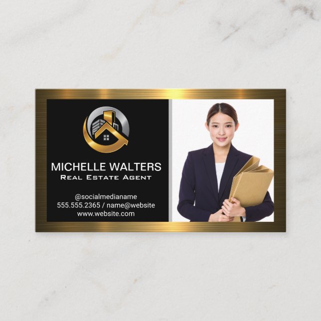 Tarjeta De Visita Mujer empresaria | Borde metálico de oro (Anverso)