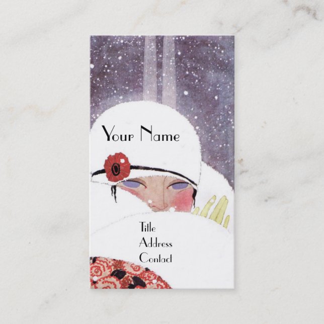 TARJETA DE VISITA MUJER EN LA NIEVE, INVIERNO BELLEZA MODA MONOGRAMA (Anverso)