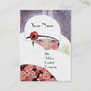 TARJETA DE VISITA MUJER EN LA NIEVE, INVIERNO BELLEZA MODA MONOGRAMA