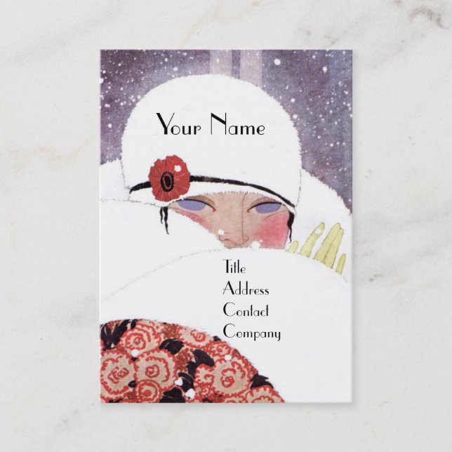 TARJETA DE VISITA MUJER EN LA NIEVE, INVIERNO BELLEZA MODA MONOGRAMA (Anverso)