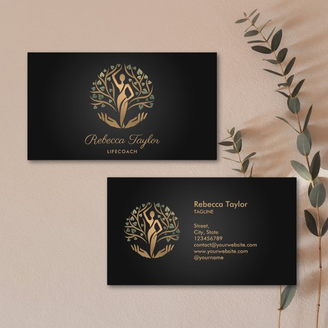 Tarjeta De Visita mujer espiritual femenina vida entrenadora árbol d (gold tree of life with a woman's silhouette)