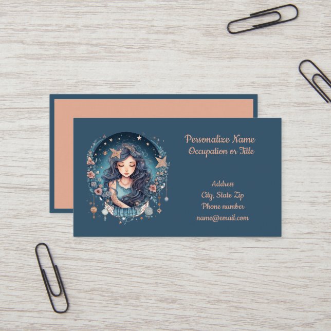 Tarjeta De Visita Mujer mística Celestial Estrellas de Luna Espiritu (Anverso/Reverso In Situ)