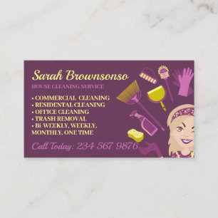 Tarjeta De Visita Mujer rubia beige morada limpieza de la casa