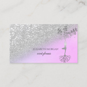Tarjeta De Visita Mujer Silueta Árbol Bokeh Brillo Moderno Plateado