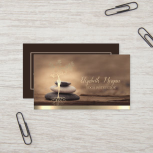 Tarjeta De Visita Mujer Silueta Árbol Dorado, Piedras Zen Marrón