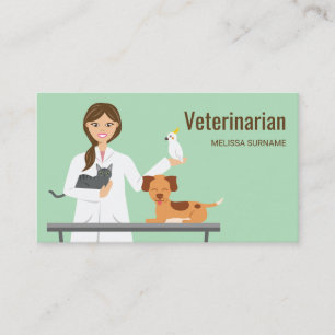 Tarjeta De Visita Mujer veterinaria con ilustración de animales