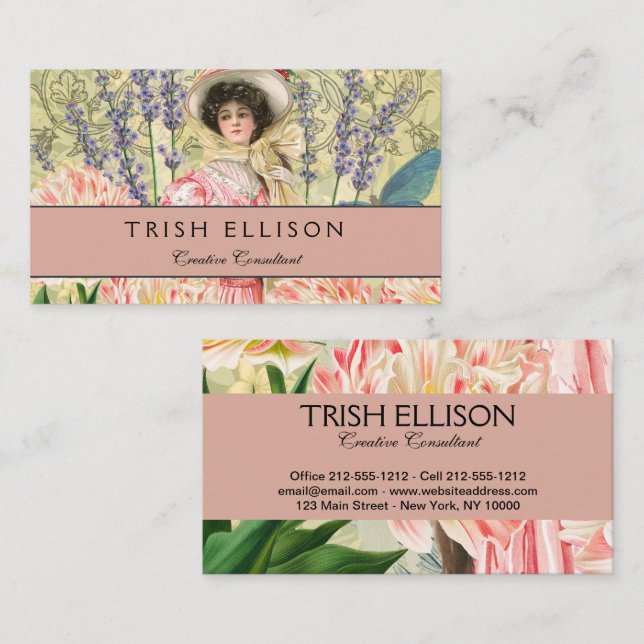 Tarjeta De Visita Mujer Victoriana Floral Rosa Regencia (Anverso / Reverso)