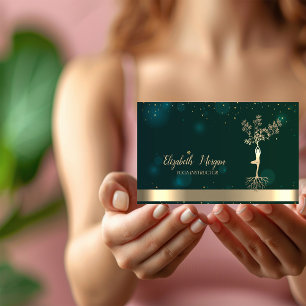 Tarjeta De Visita Mujeres de árbol de oro Silhouette Yoga Instructor