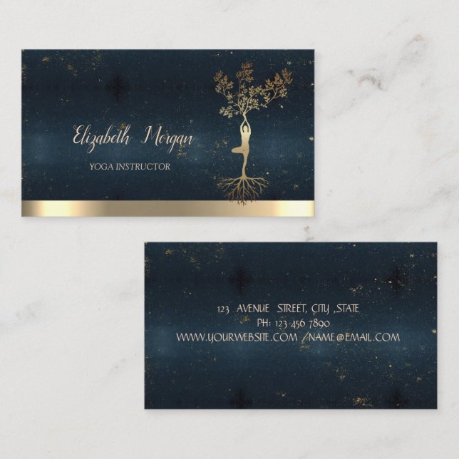 Tarjeta De Visita Mujeres de árbol Silhouette Blue Gold Instructor d (Anverso / Reverso)