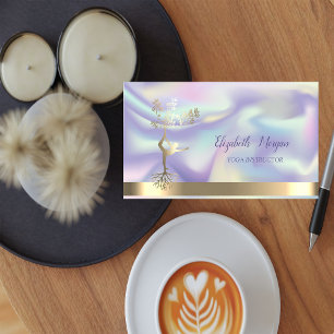 Tarjeta De Visita Mujeres Silueta Árbol Dorado Holográfico, Yoga