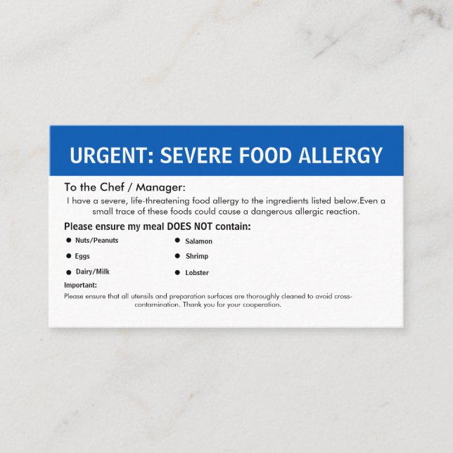 Tarjeta De Visita Multiple Food Allergy Alert (Anverso)