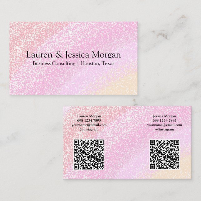 Tarjeta De Visita Multiple QR Code 2 Names & Contact Pink Glitter (Anverso / Reverso)