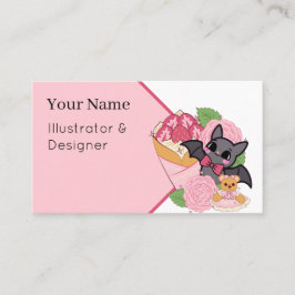 Tarjeta De Visita Murciélago Kawaii, Crepe de Fresa y Oso de Peluche