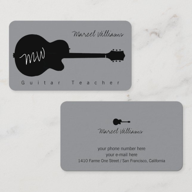 Tarjeta De Visita Music Gray Business Card with blk. Guitar (Anverso / Reverso)