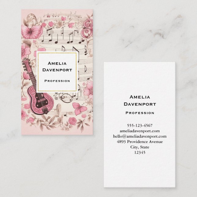 Tarjeta De Visita Music Notes and Flowers Retro Style (Anverso / Reverso)