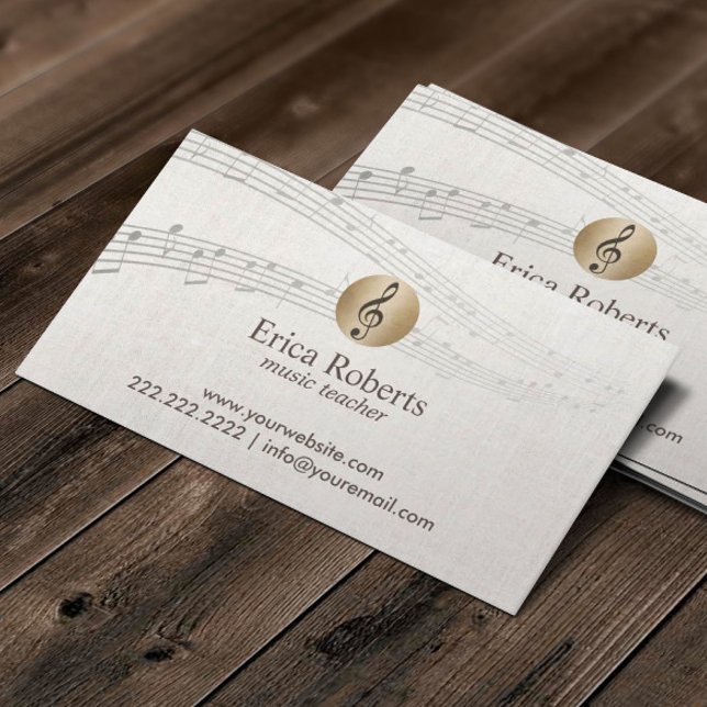 Tarjeta De Visita Music Teacher Gold Clef Logo Classy Linen Musical (Subido por el creador)
