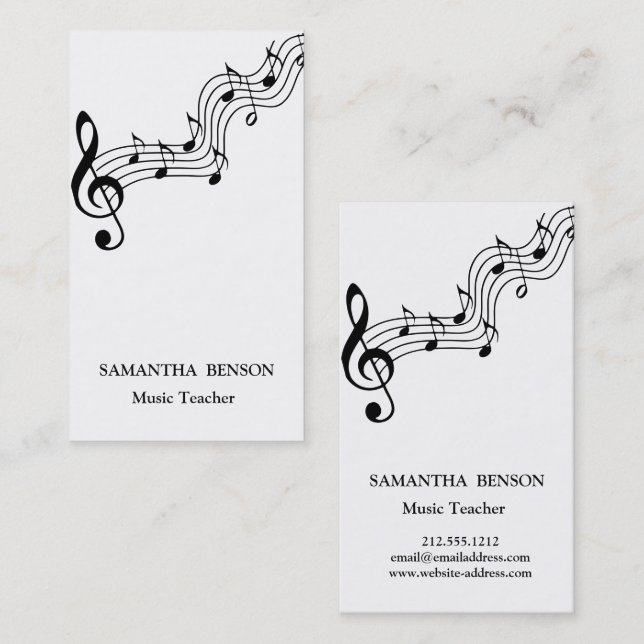 Tarjeta De Visita Music Teacher Musical Clef Logo Black & White (Anverso / Reverso)