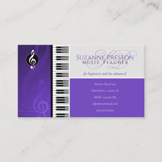 Tarjeta De Visita Music Teacher | Piano Keys Purple (Anverso)