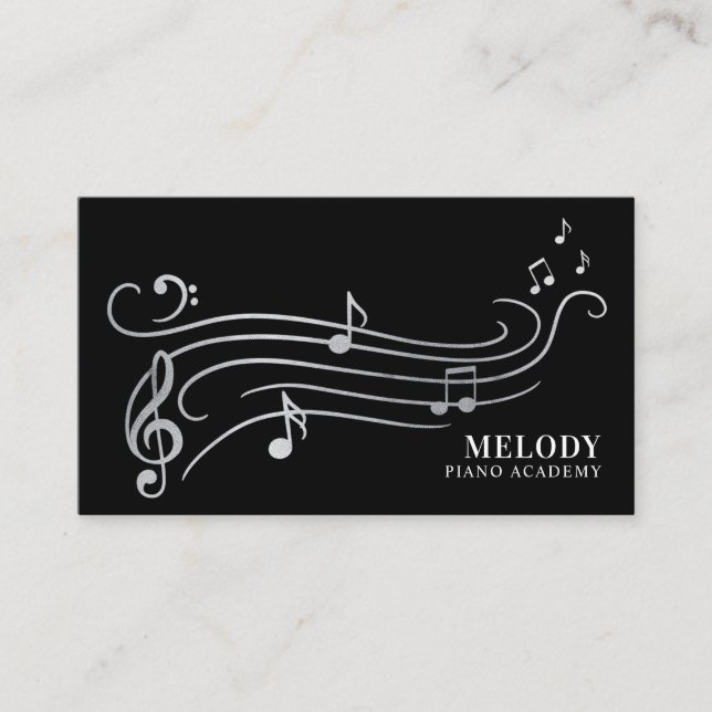 Tarjeta De Visita Música elegante y sofisticada de piano negro y pla (Anverso)