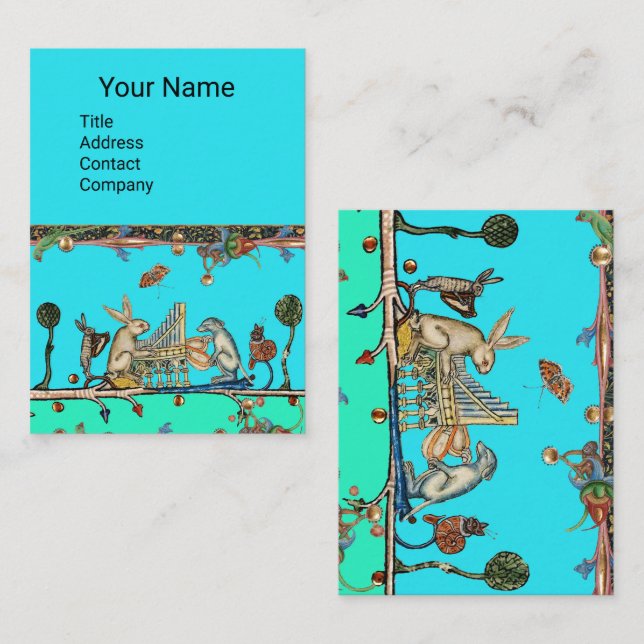 Tarjeta De Visita MÚSICA MEDIEVAL BESTIARIA, conejo, azul perro (Anverso / Reverso)