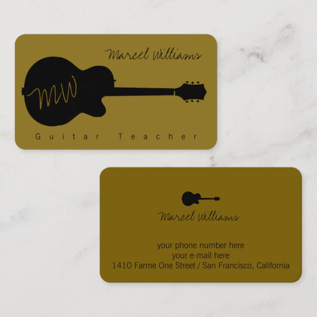 Tarjeta de visita musical con guitarra negra (Anverso / Reverso)