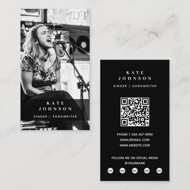 Tarjeta De Visita Músico cantante foto moderna en blanco y negro (Anverso / Reverso)
