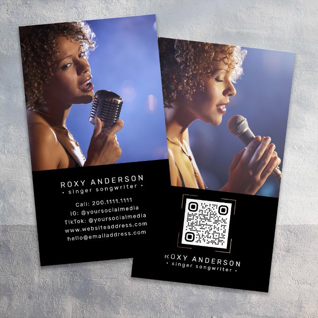 Tarjeta De Visita Músico cantante moderno negro código QR (Subido por el creador)